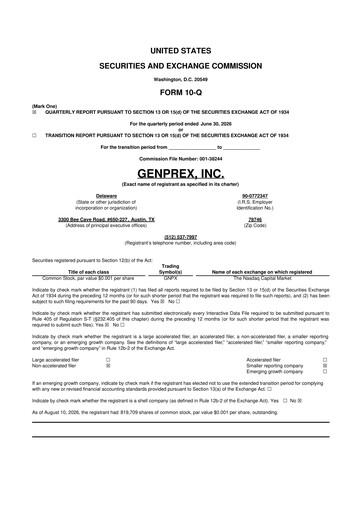 Miniature Genprex 10-Q Rapport trimestriel 2026 