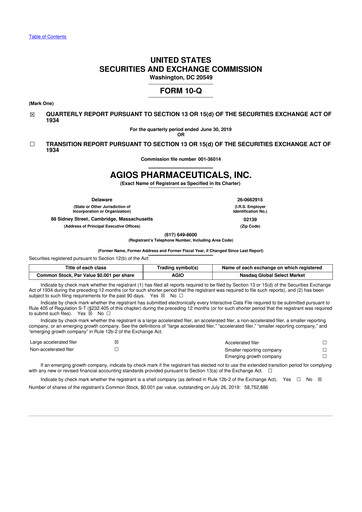 Miniature Agios Pharmaceuticals
 10-Q Rapport trimestriel 2019 