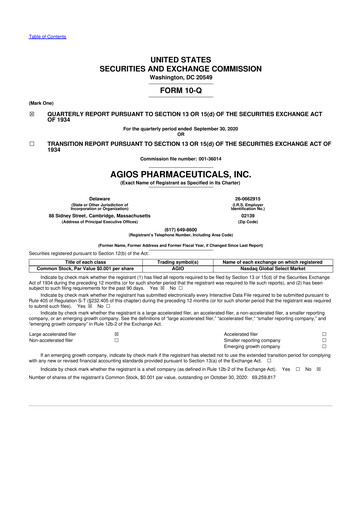 Miniature Agios Pharmaceuticals
 10-Q Rapport trimestriel 2020 