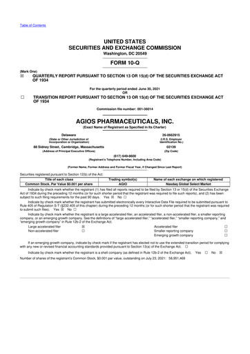 Miniature Agios Pharmaceuticals
 10-Q Rapport trimestriel 2021 