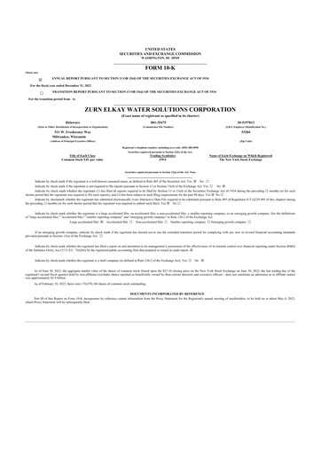 Miniature Zurn Elkay Water Solutions 10-K Rapport annuel 2022