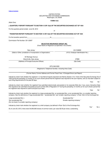 Thumbnail Selective Insurance 10-Q Quarterly Report FY2012 