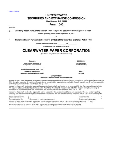 Thumbnail Clearwater Paper 10-Q Quarterly Report FY2012 
