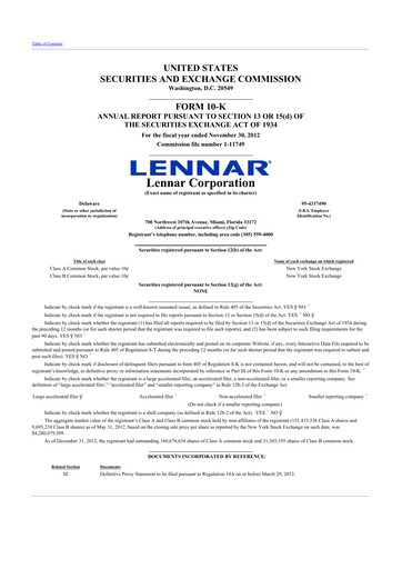 Miniature Lennar 10-K Rapport annuel 2012