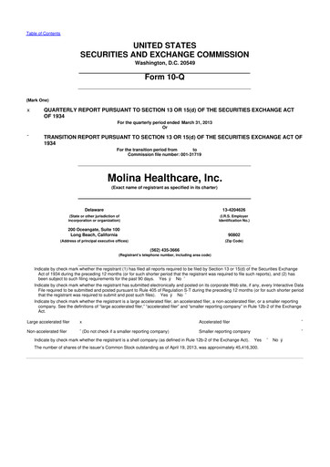Thumbnail Molina Healthcare
 10-Q Quarterly Report FY2013 