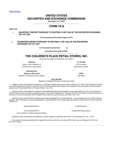 Thumbnail The Children's Place
 10-Q Quarterly Report FY2013 