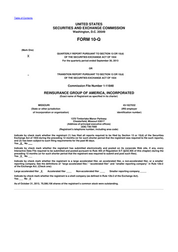 Miniature Reinsurance Group of America
 10-Q Rapport trimestriel 2013 