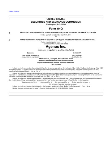 Thumbnail Agenus
 10-Q Quarterly Report FY2014 