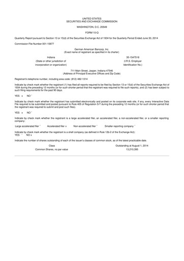 Thumbnail German American Bancorp 10-Q Quarterly Report FY2014 