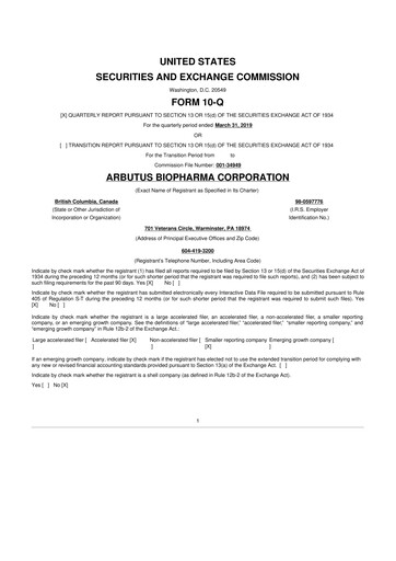 Thumbnail Arbutus Biopharma
 10-Q Quarterly Report FY2019 