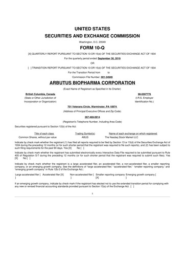 Thumbnail Arbutus Biopharma
 10-Q Quarterly Report FY2019 