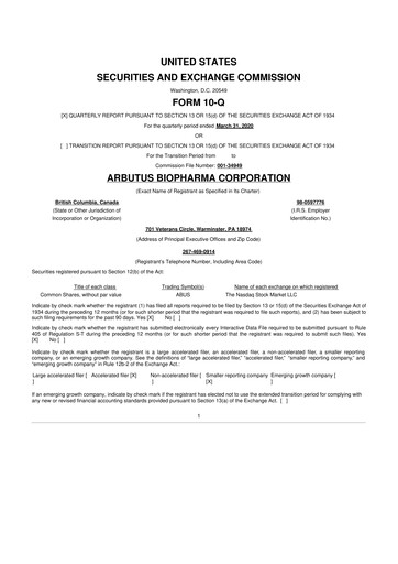 Thumbnail Arbutus Biopharma
 10-Q Quarterly Report FY2020 