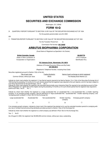 Thumbnail Arbutus Biopharma
 10-Q Quarterly Report FY2020 