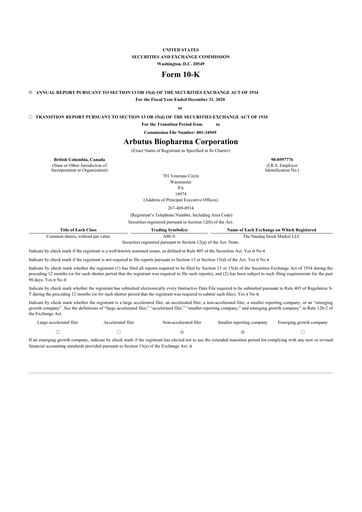 Thumbnail Arbutus Biopharma
 10-K Annual Report 2020