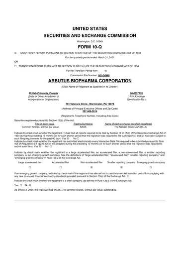 Thumbnail Arbutus Biopharma
 10-Q Quarterly Report FY2021 