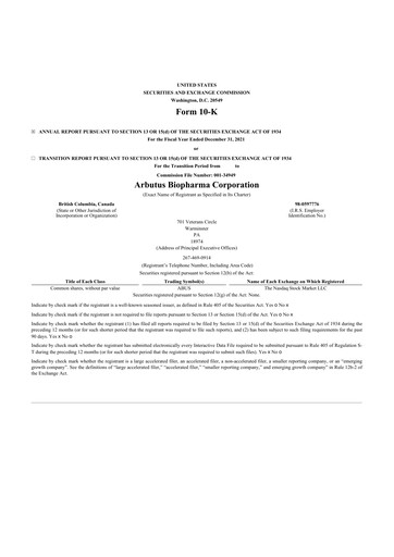 Thumbnail Arbutus Biopharma
 10-K Annual Report 2021