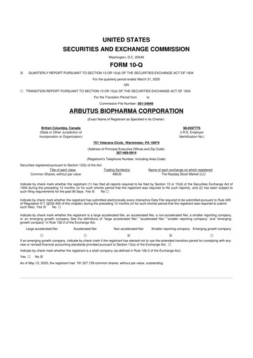 Thumbnail Arbutus Biopharma
 10-Q Quarterly Report FY2025 