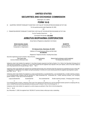 Thumbnail Arbutus Biopharma
 10-Q Quarterly Report FY2025 