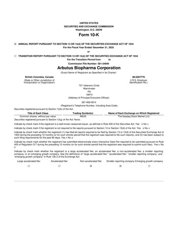 Thumbnail Arbutus Biopharma
 10-K Annual Report 2025