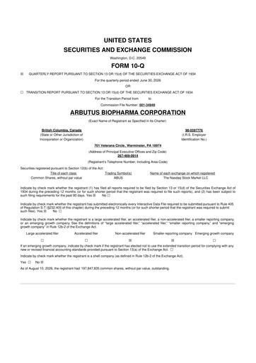 Thumbnail Arbutus Biopharma
 10-Q Quarterly Report FY2026 