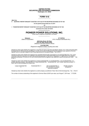 Thumbnail Pioneer Power Solutions 10-Q Quarterly Report FY2014 