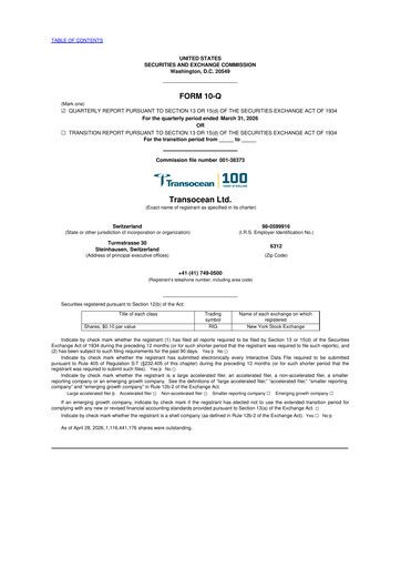 Thumbnail Transocean 10-Q Quarterly Report FY 