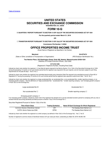 Vorschaubild Office Properties Income Trust 10-Q Quartalsbericht 2019 