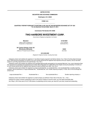 Miniature Two Harbors Investment
 10-Q Rapport trimestriel 2012 