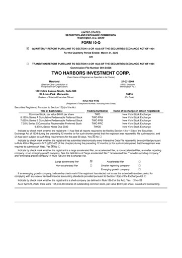 Miniature Two Harbors Investment
 10-Q Rapport trimestriel  