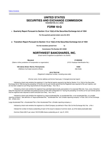 Thumbnail Northwest Bancshares
 10-Q Quarterly Report FY2016 