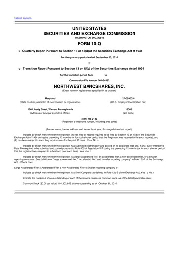 Thumbnail Northwest Bancshares
 10-Q Quarterly Report FY2016 