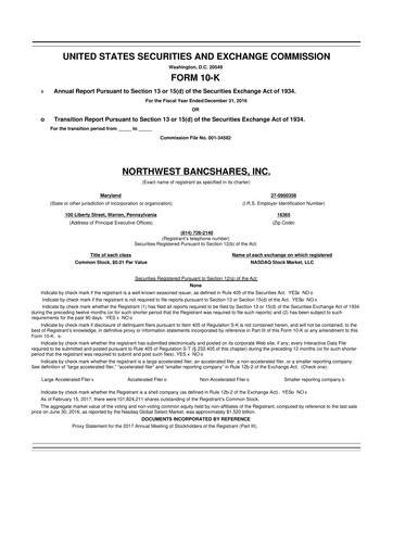 Thumbnail Northwest Bancshares
 10-K Annual Report 2016
