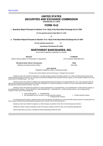 Thumbnail Northwest Bancshares
 10-Q Quarterly Report FY2018 