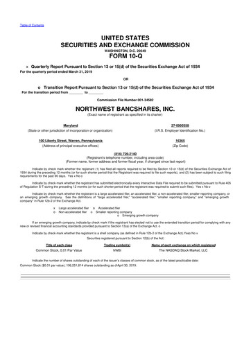 Thumbnail Northwest Bancshares
 10-Q Quarterly Report FY2019 