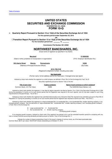 Thumbnail Northwest Bancshares
 10-Q Quarterly Report FY2019 