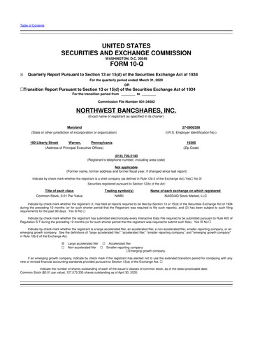 Thumbnail Northwest Bancshares
 10-Q Quarterly Report FY2020 