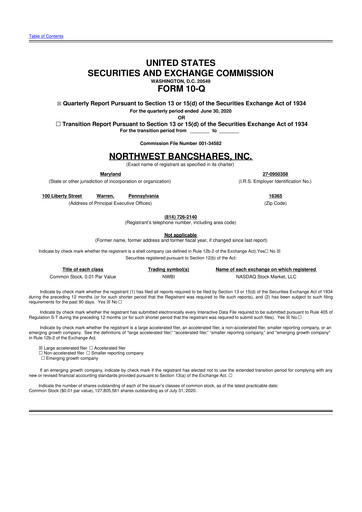 Thumbnail Northwest Bancshares
 10-Q Quarterly Report FY2020 