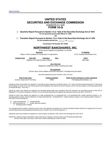 Thumbnail Northwest Bancshares
 10-Q Quarterly Report FY 