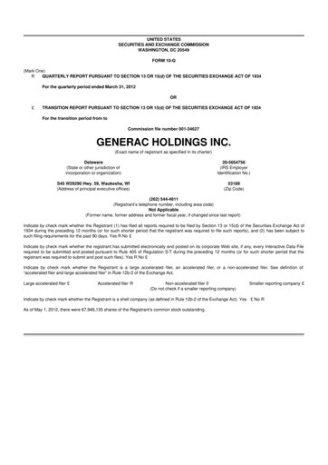 Vorschaubild Generac 10-Q Quartalsbericht 2012 