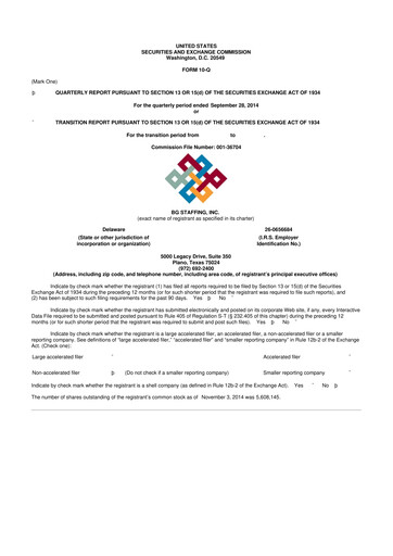Thumbnail BG Staffing
 10-Q Quarterly Report FY2014 
