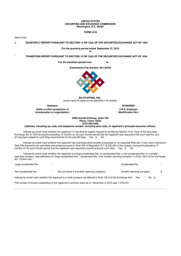 Thumbnail BG Staffing
 10-Q Quarterly Report FY2015 