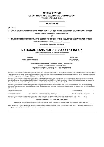 Thumbnail National Bank Holdings
 10-Q Quarterly Report FY2013 
