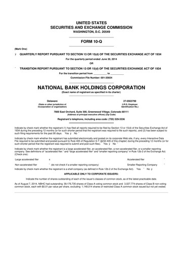 Thumbnail National Bank Holdings
 10-Q Quarterly Report FY2014 