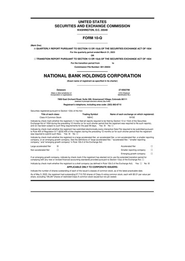 Thumbnail National Bank Holdings
 10-Q Quarterly Report FY2023 
