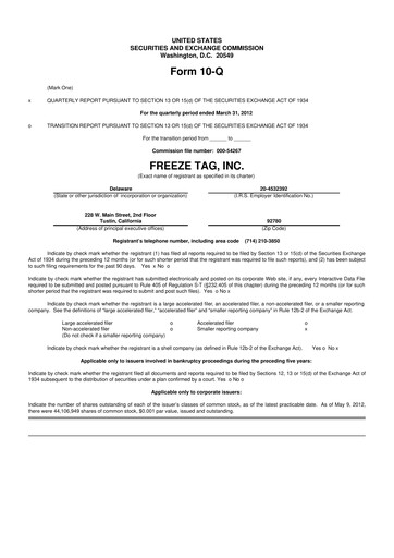 Vorschaubild Freeze Tag 10-Q Quartalsbericht 2012 