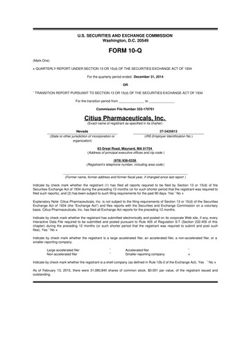 Thumbnail Citius Pharmaceuticals
 10-Q Quarterly Report FY2015 