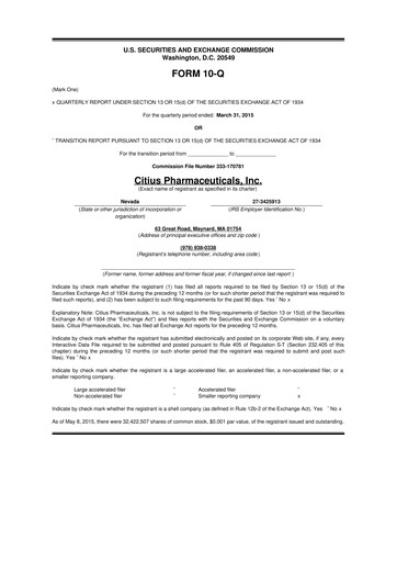 Thumbnail Citius Pharmaceuticals
 10-Q Quarterly Report FY2015 