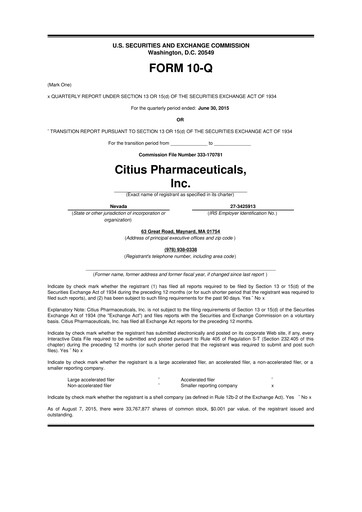 Thumbnail Citius Pharmaceuticals
 10-Q Quarterly Report FY2015 