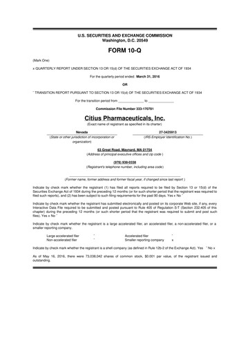 Thumbnail Citius Pharmaceuticals
 10-Q Quarterly Report FY2016 