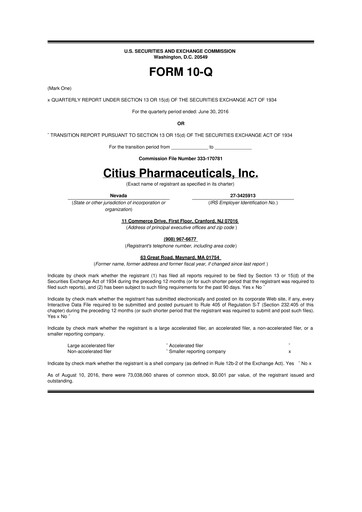 Thumbnail Citius Pharmaceuticals
 10-Q Quarterly Report FY2016 